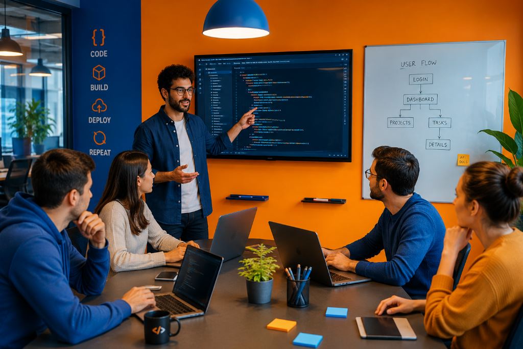 The CS Technologies team collaborating in the office